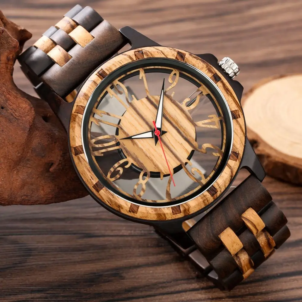 

Fashion Wooden Watch Men's Quartz Wristwatch Zebra Ebony Strap Transparent Hollowed-Out Dial Casual Reloj