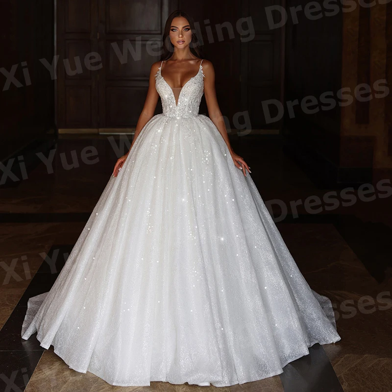 2025, luxuriöse A-Linie-Hochzeitskleider für Damen, Applikationen, Brautkleider, Spaghettiträger, glänzend, individuell gestaltet, Prinzessin, Vestidos de Novia