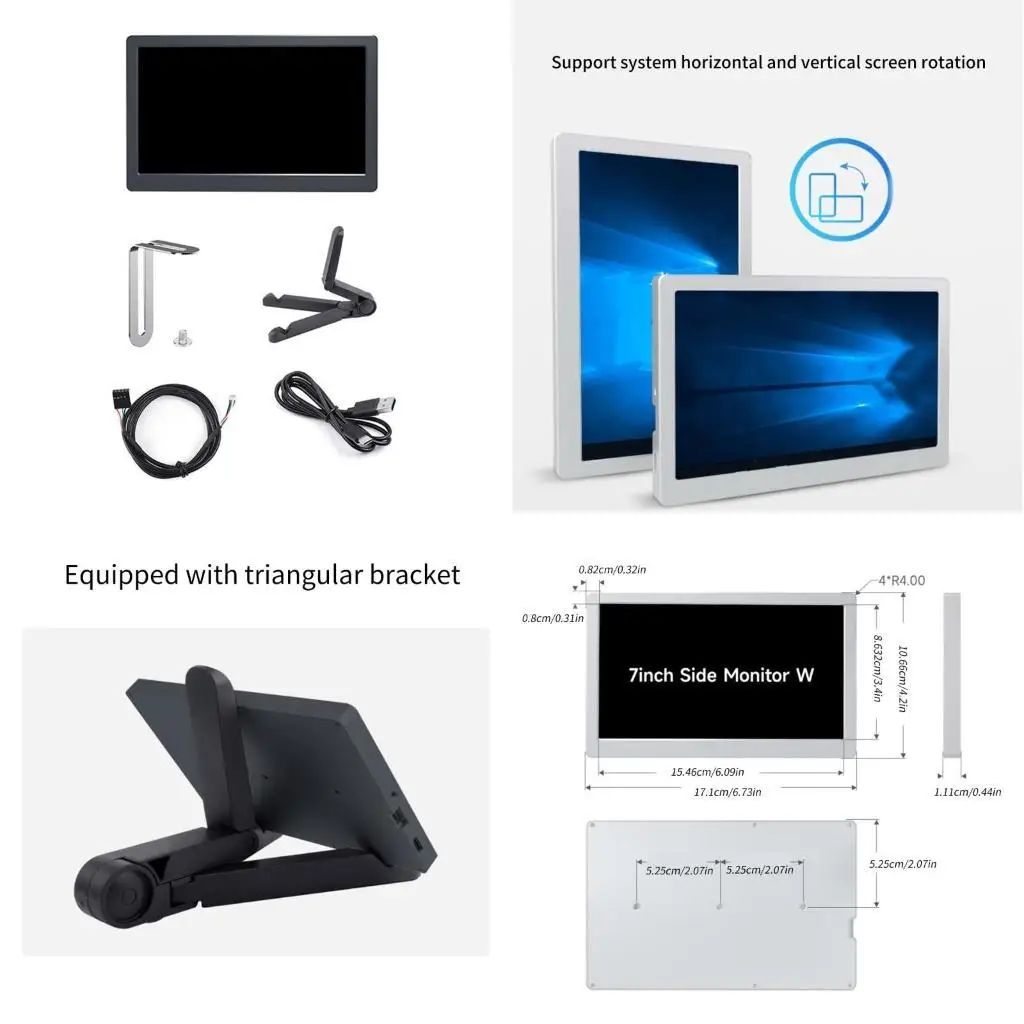 

Y1UB 7Inch IPS Highly Definition Monitors Side Screen for Computers Multiple Screen Extension Vertical Horizontal Rotation