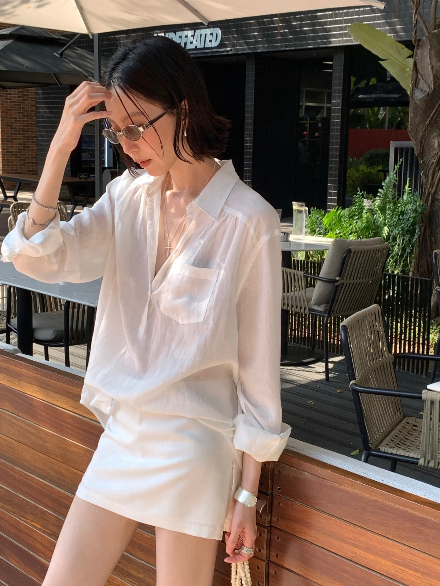 

TCCW Women's Pure Color Linen Shirt Summer New Style Loose Long Sleeve Sun Protection White Loose Top French Style Loose Fit