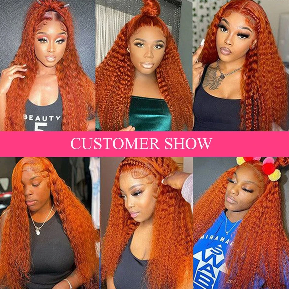 Perruque Lace Front Wig Deep Wave naturelle bouclée, cheveux humains, 13x4, 13x6, couleur HD, vidéo orange