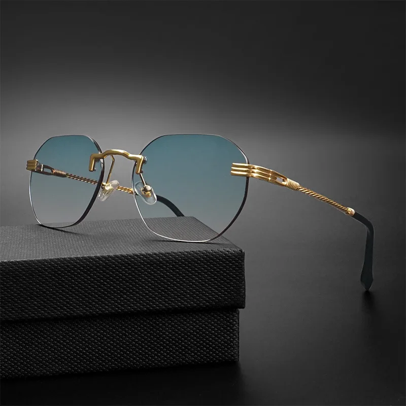 HBK Blue MIRROR Frameless Gold Metal Ladies Sunglasses Men Rimless Brown Sun Glasses For Women Fashion Shades Cutting Eyeglass