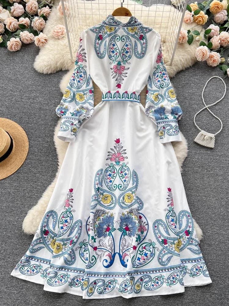 Women Vintage Printed Party Dress High Waist Breasted Dress Long Sleeved Elegant Dresses Slim A-line Shirt Dress Vestidos