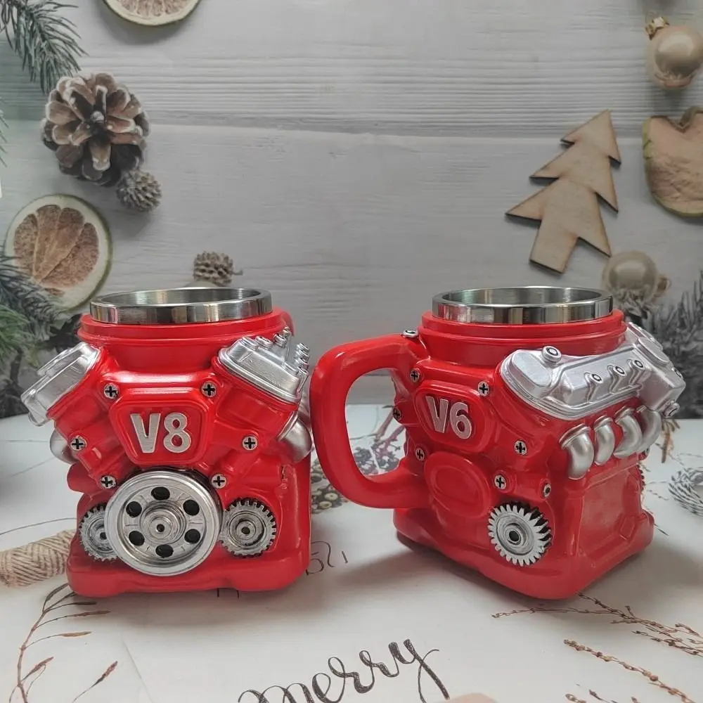 Retro Engine Coffee Mug with Handle Double Wall V6 Engines Stainless Steel Cup Realistic Design 300ML 15oz Insulation Car Mug