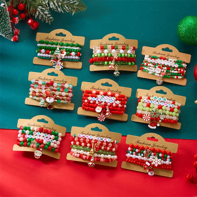 Weihnachten Multi-Schicht Bunte Perlen Armband Für Frauen Santa Claus Schneemann Rentier Schneeflocke Polymer Clay Armreif Schmuck