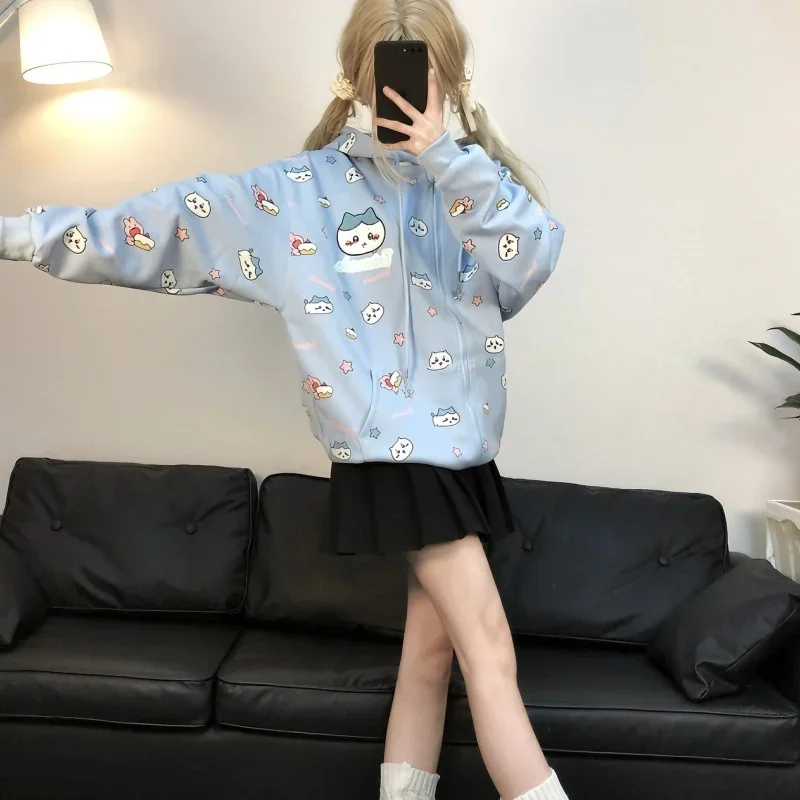 Chikawa Anime Hooded Cardigan Jacket Zipper Coat Hachiware Usagi Kawaii Women Autumn Thin All-over Printed Apricot Sweatshirt