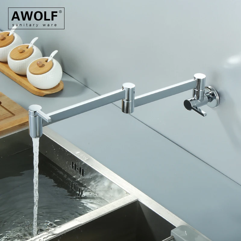 Awolf 5 Colors Chrome Wall Mounted Kitchen Faucet Pot Filler Solid Brass Lengthen Folding 360 Degree Rotation Tap FW009