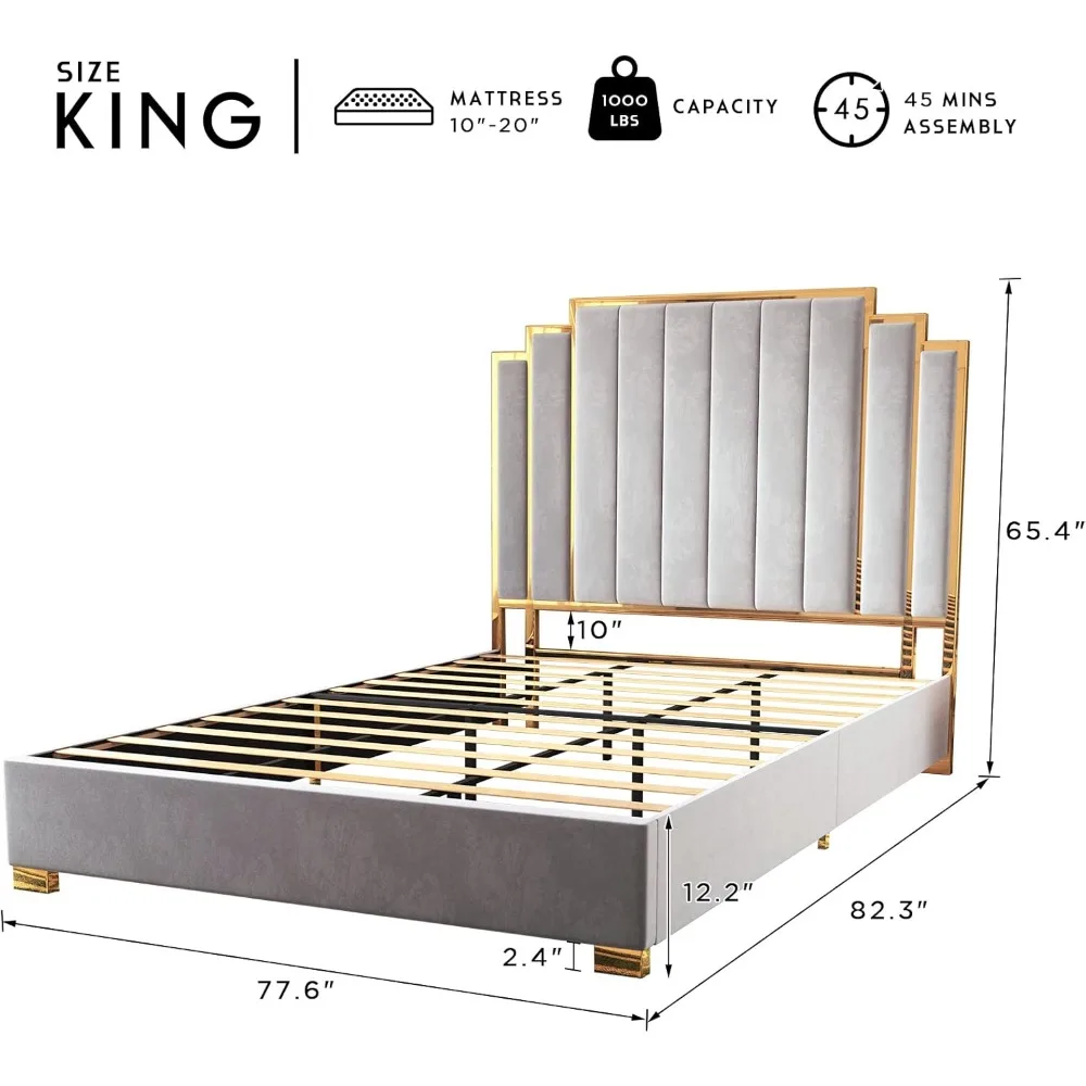 Rama łóżka typu king-size i zagłówek 65 cali, łóżko tapicerowane ze złotym poszyciem, nowoczesne łóżko z platformą bez sprężyny skrzynkowej, jasnoszary