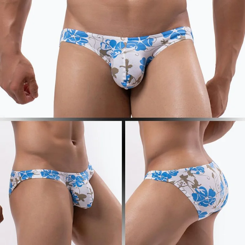 Low Waist Soft Underwear Men Sexy Floral Printed Panties Lingerie Briefs U Convex Thin Breathable Underpants Bikini Slip Homme