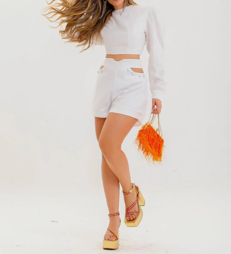 Monochrome Short Sleeved Shirt and Hollowed Out High Waisted Shorts Set In Stock, Naturally Beautiful Girl