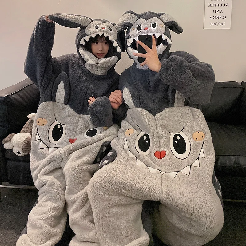 Winter Cute Labubu Coral Velvet Onesie Pajamas Original Design Couple Zipper Convenient Sleepjumpsuit Warm Home Wear Gift