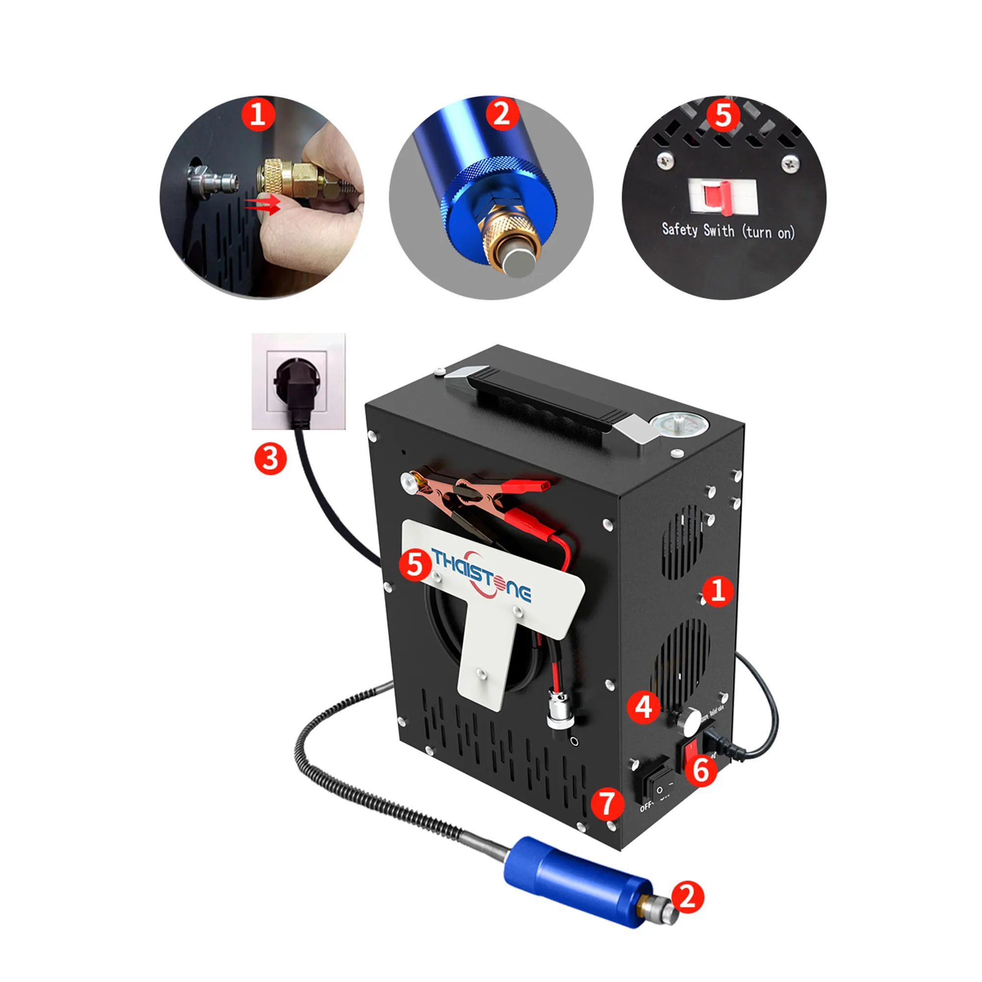 THAISTONE Mini Air Compressor 110V 12V Oil-Free Submersible PCP Pump Compact Portable Scuba Tank Refill Air Compression Too