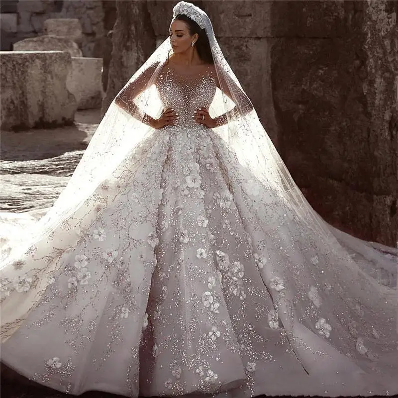 

Dubai Arabic New Lace Ball Gowns Wedding Dresses Long Sleeves 3D Flowers Beading Dress Bridal