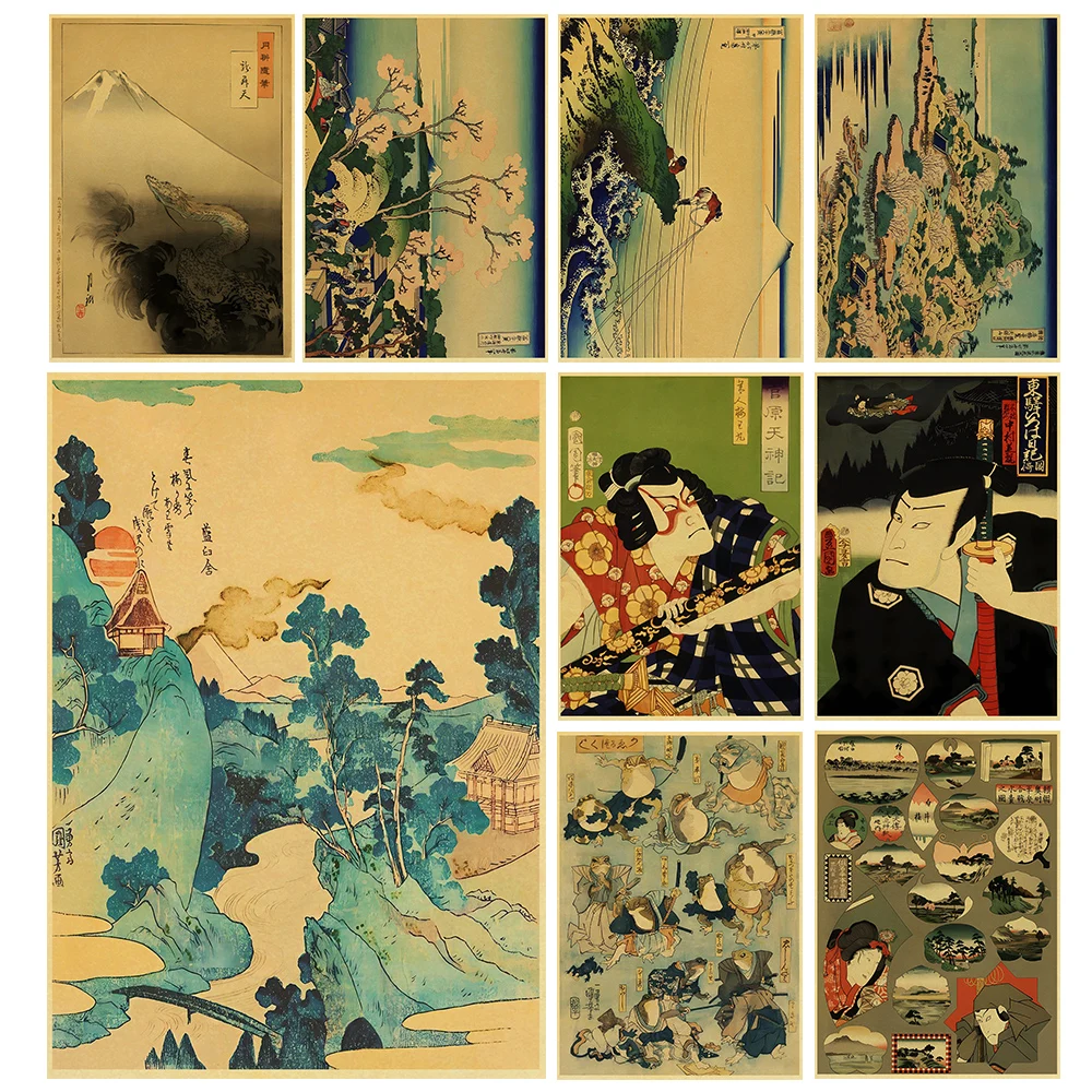 

Ancient Japanese Mountain View Art Poster Kraft Paper Print Vintage Living Painting Art Wall Sticker Home Room Decoration Cafe