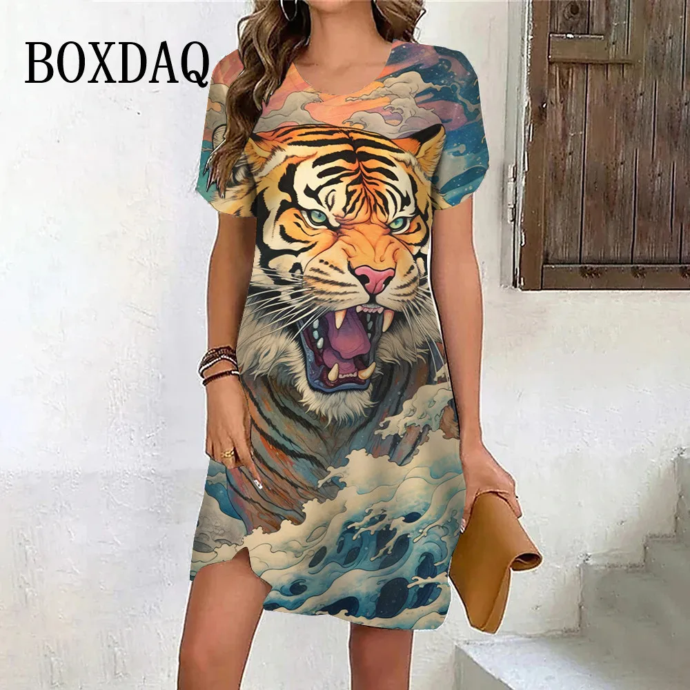 Tiger Graphic Dresses For Women Casual 3D Print Vintage Dress Female Fashion Short Sleeve Plus Size Dress 2024 Summer Clothes