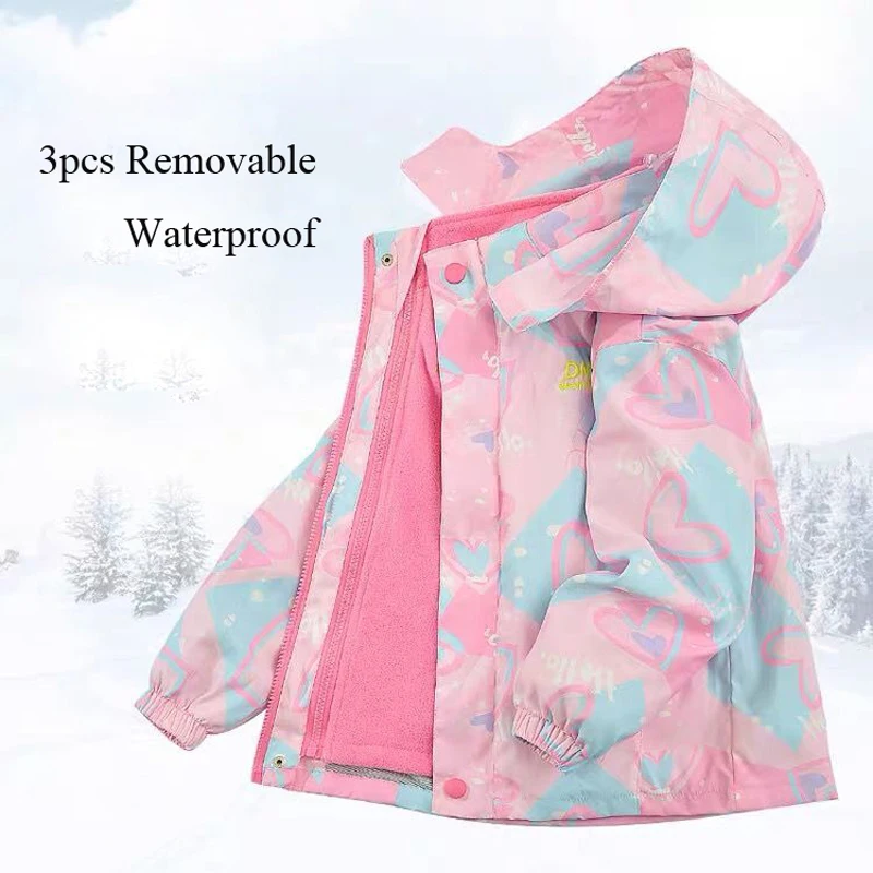 Waterproof Hooded Coat Kids Cartoon Girls Lovely Warm Removable Fleece Lined Jacket Cotton Padded Cothes Children Outfit XMP95