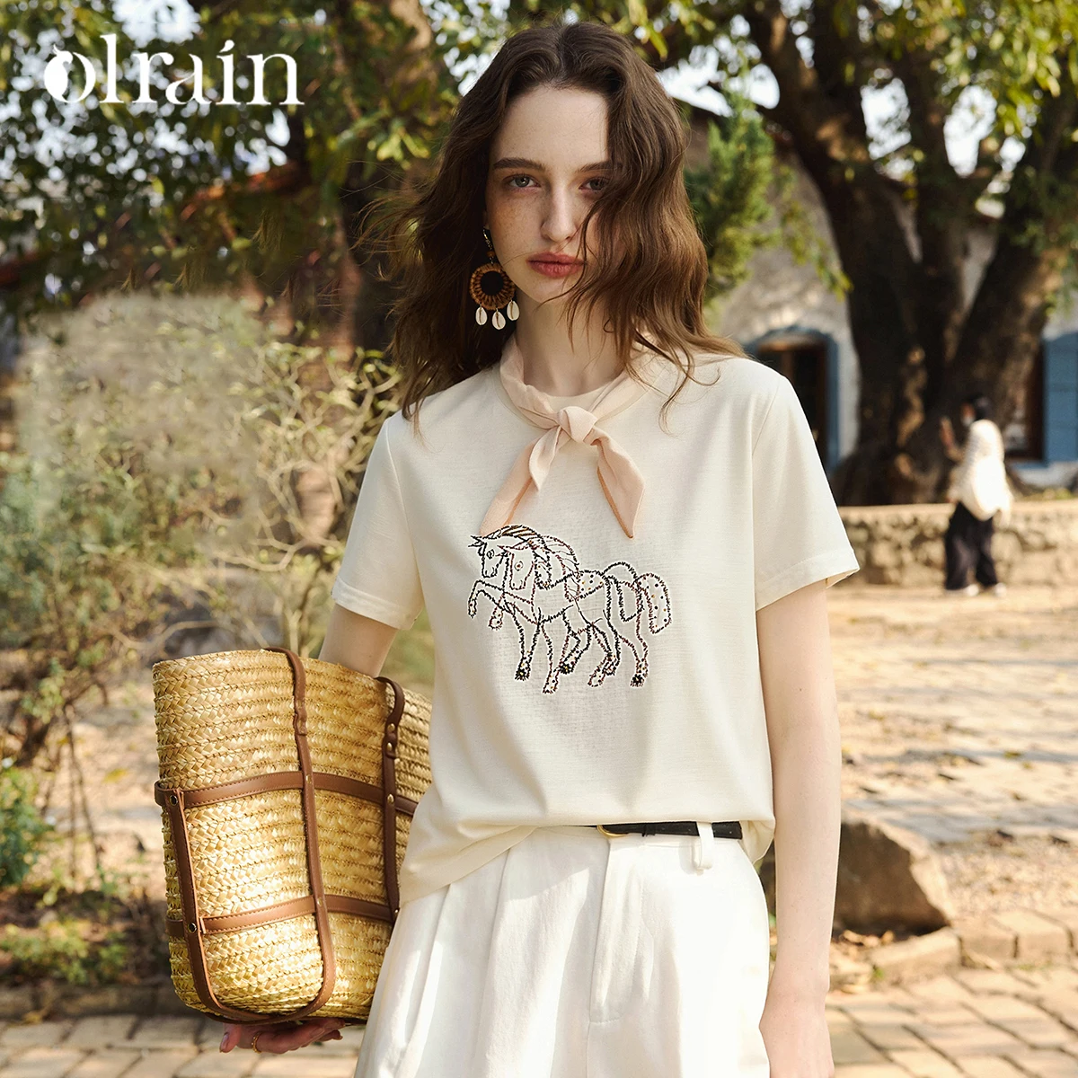 OLrain Commuter Simple Knitted Women's T-Shirt 2026 Summer Fashion Double Horse Bead Embroidery Casual Cotton Top O58XT006608