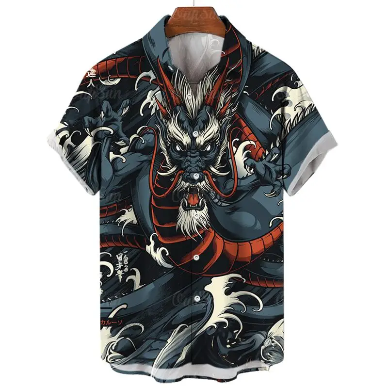 Men\'s Fashion Harajuku Casual Short Sleeve Social Vintage Hawaiian Floral Summer Shirt Dragon Printed Beach Cartoon Clothing