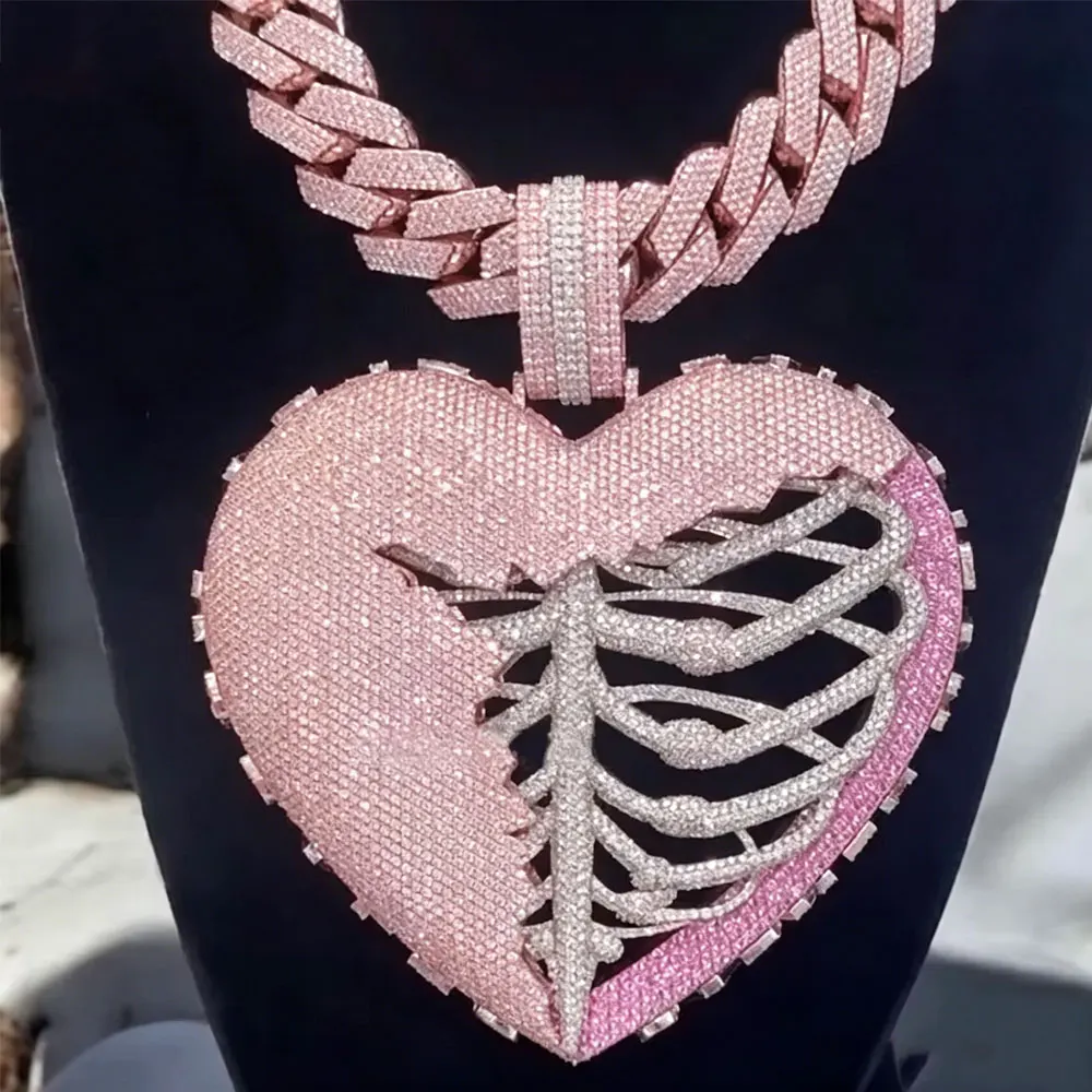 

Кулон-скелет в форме разбитого сердца с цирконами Iced Out, двухцветное хип-хоп ожерелье, мужские готические украшения Bling для подарка, уникальный дизайн