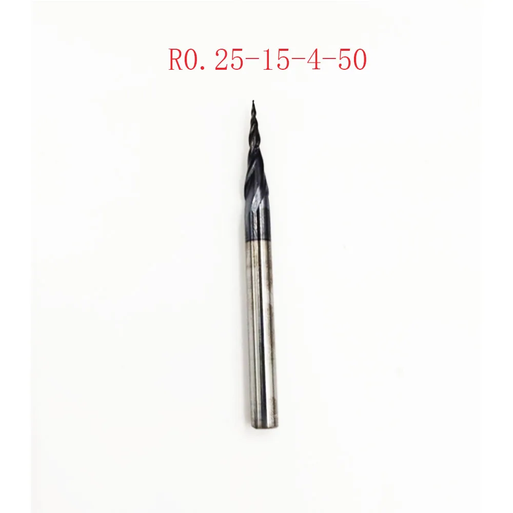 1 pc R0.25 * D4 * 15 * 50L * 2F HRC55 de tungsteno de carburo sólido de Tapered de extremo fresas de fresado CNC
