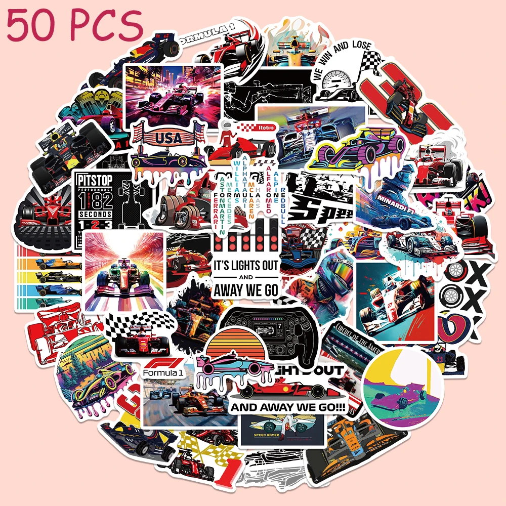 50pcs Formula One Stickers Cartoon Aesthetic Graffiti Decals For Phone Notebook Skateboard Suitcase Guitar Waterproof Stickers