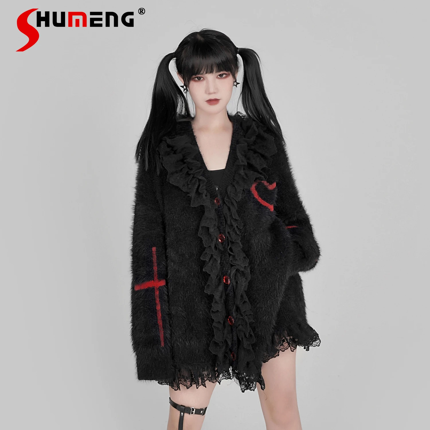 

Punk Harajuku Style Lace Splicing V-neck Long Sleeve Single-breasted Loose Casual Black Knitted Sweater Cardigan Women Autumn