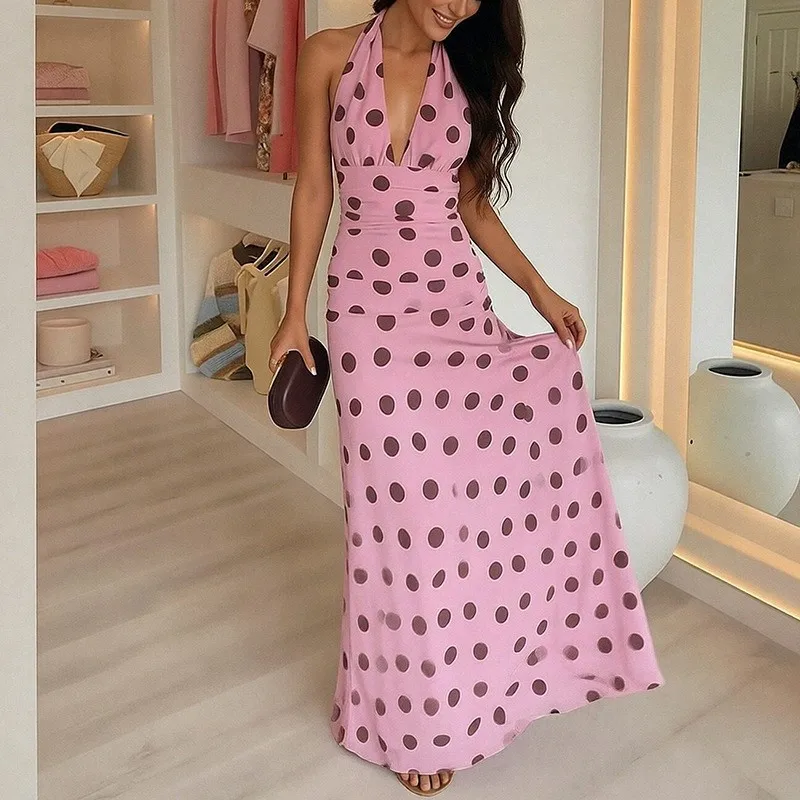 

Women's New Style Dress Elegant V-neck Polka-dot Backless Polka Dot Printing Halter Neck Sleeveless Backless Skinny Maxi Dress
