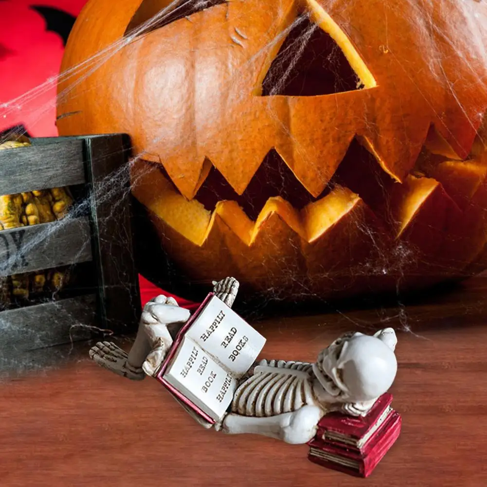 

Skeleton Book Holder Resin Skull Figurine Halloween Skull Figurine Set for Home Office Decor Resin Skeleton Statue Reading Book