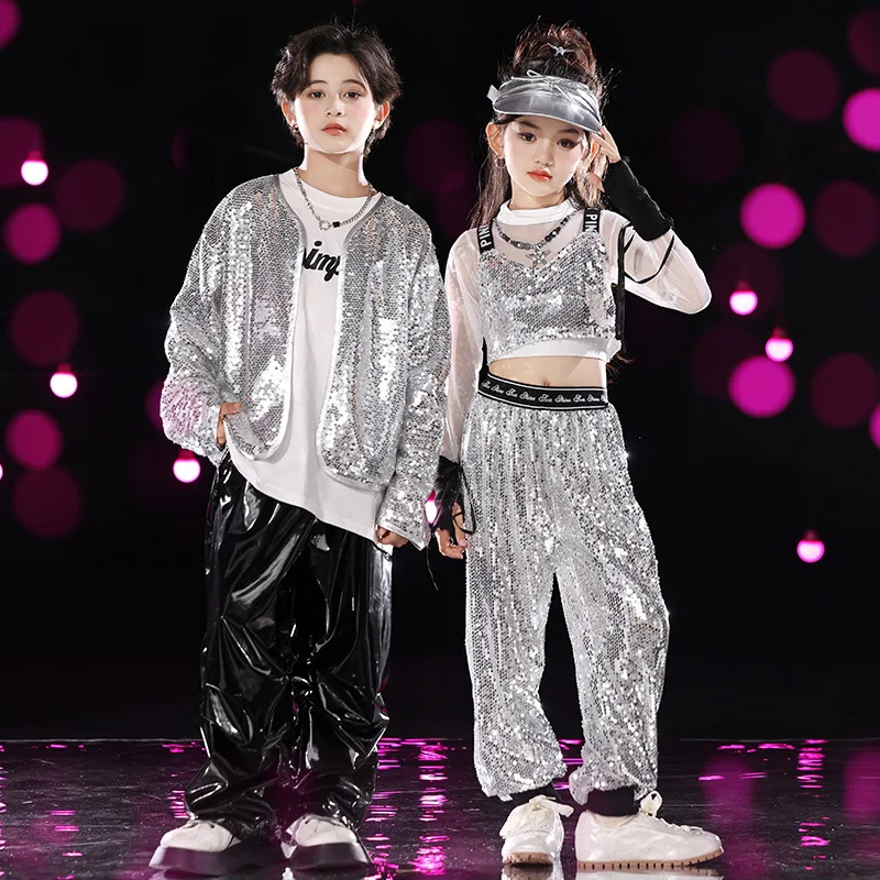

Kid Hip Hop Clothing Silver Sequin Cardigan Shirt Tank Black Faux Leather Casual Pants for Girl Boy Jazz Dance Costume Clothes