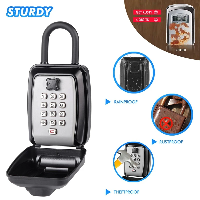 A73T Key Safe -Spacious Resettable 12-Digit Combination Keypad Lock Box, Waterproof Key Safe Wall Mounted Lockbox For Home
