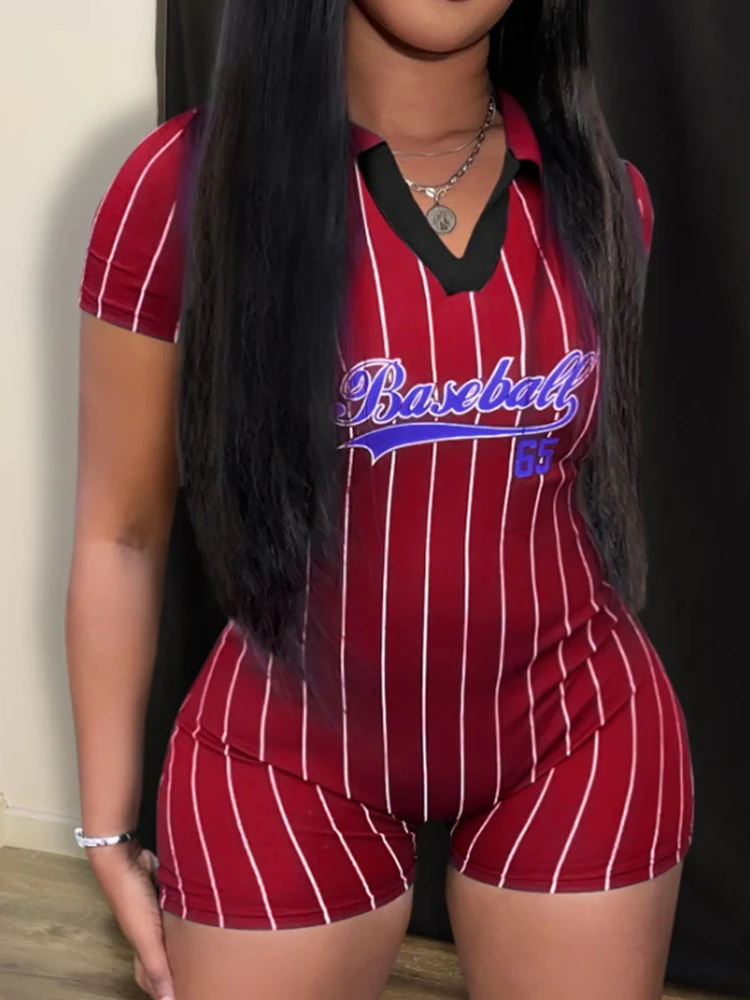 Summer clothing, New Fashion 2025, women's V-neck casual jumpsuit, one-piece, tight shorts, sportswear, printed baseball letters