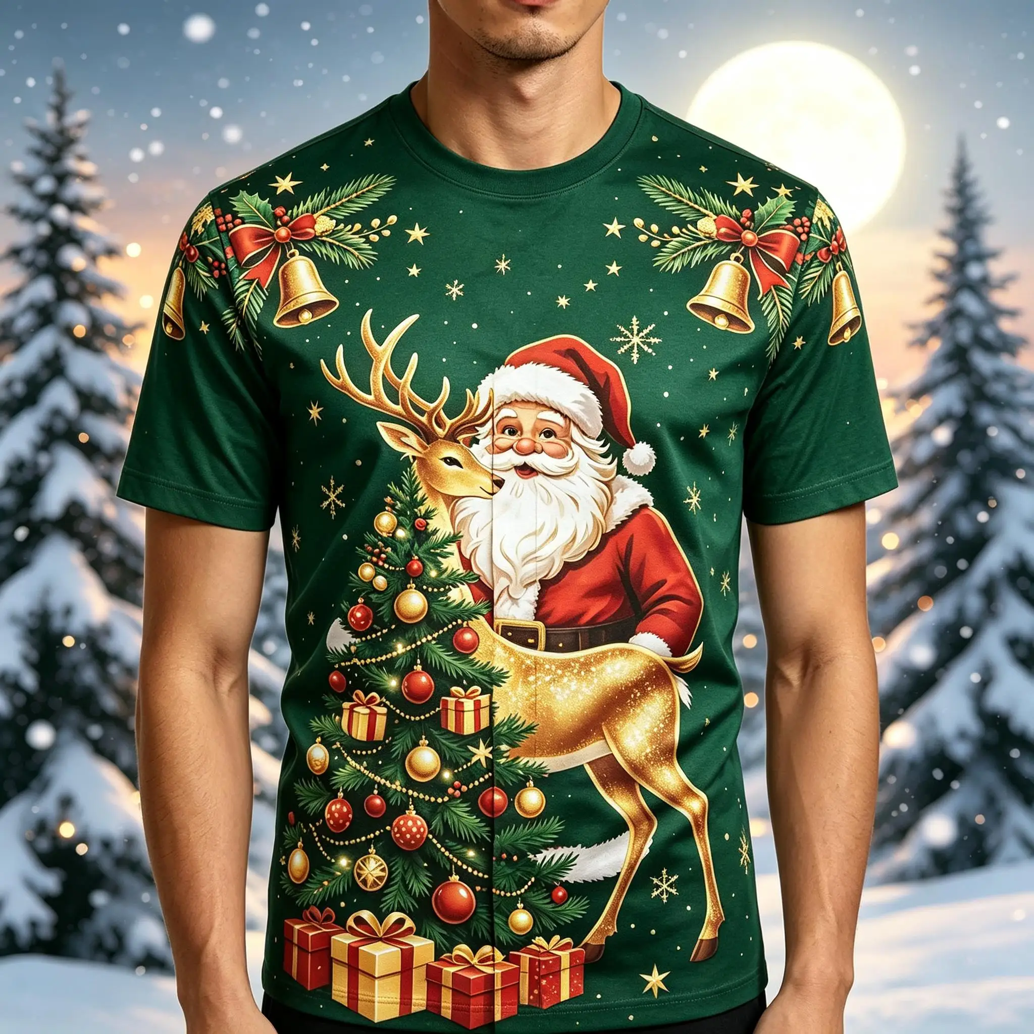 Mens Casual Short Sleeve T-shirt Green Santa Reindeer Christmas Tree Snow Print Fashion Blouse