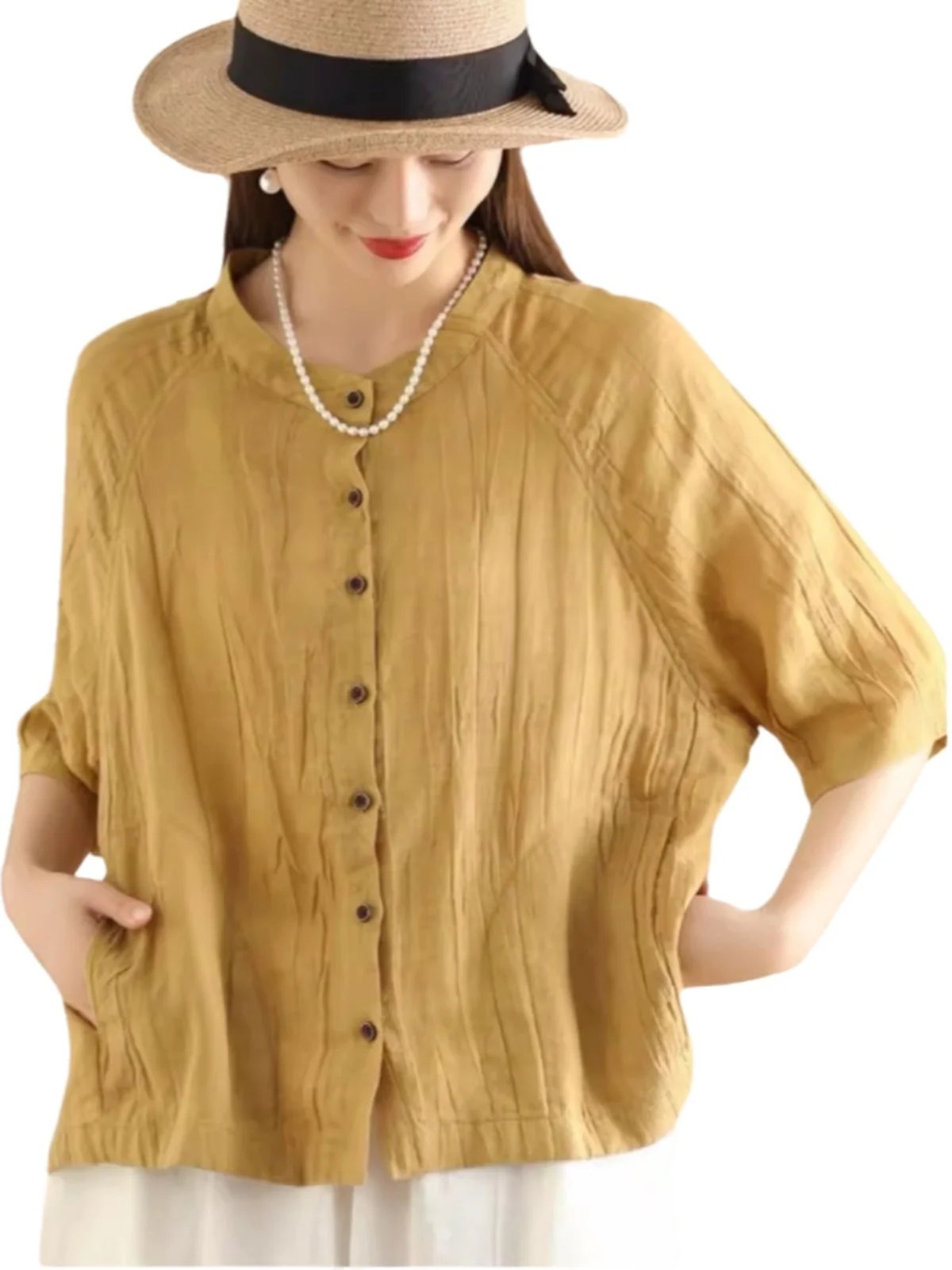 Été femmes coupe ample lin irt mince ort Sve décontracté Vintage torsadé plissé coton lin ouvert Cardigan haut