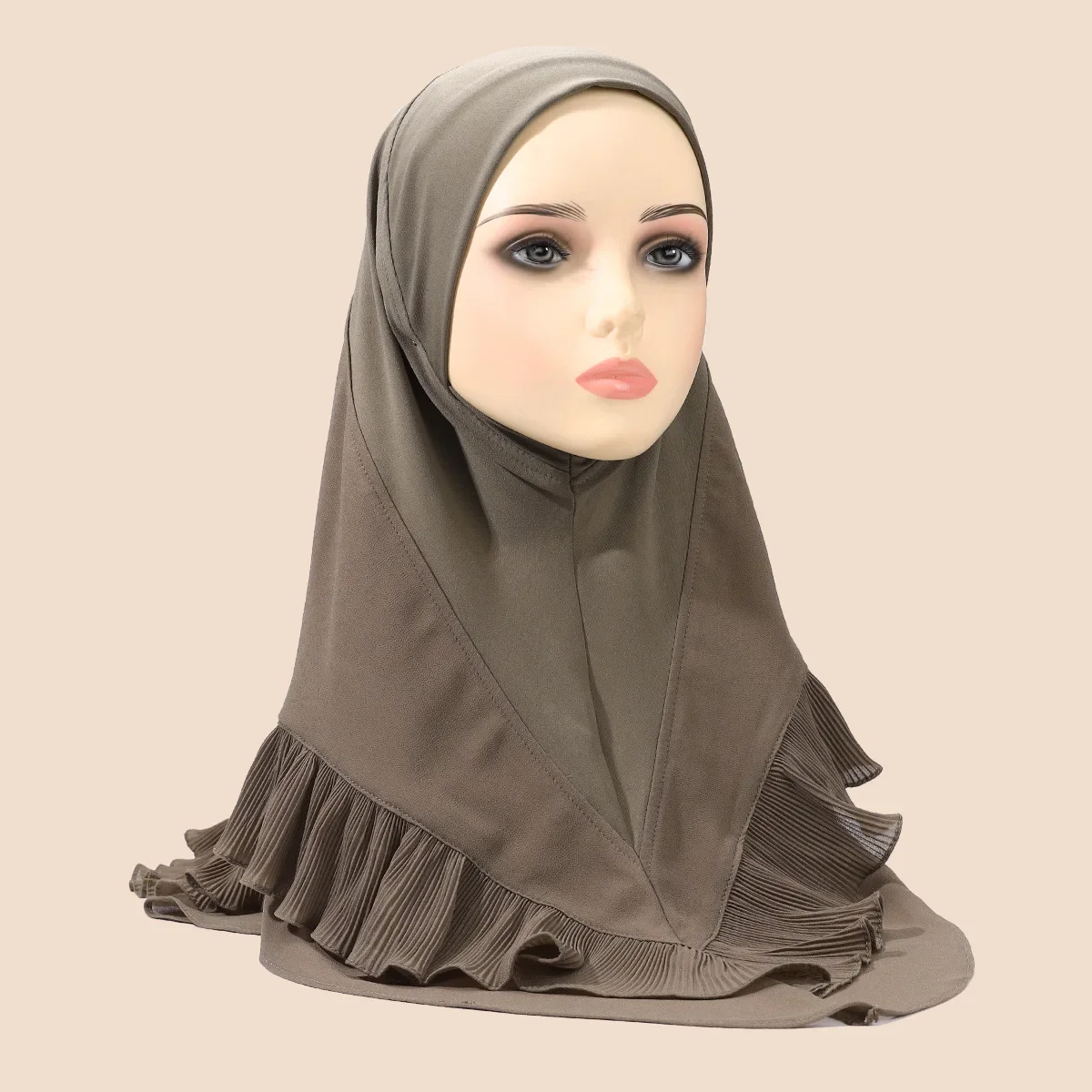 Muslim Shawl Chiffon Crystal Linen Pullover Solid Color Double Layer Ruffle Amira Women's Hat Triangle Face Slimming Headscarf