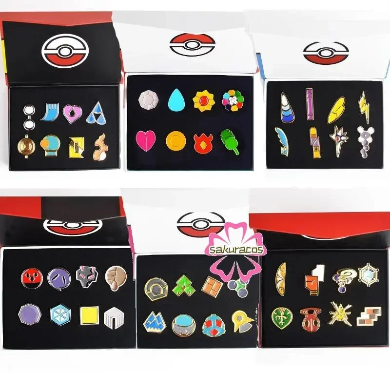 Set of 8 Poke Gym Badges League Region Pins Pocket Monster Pins Brooches Kanto Johto Hoenn Sinnoh Unova Kalos Orange Island