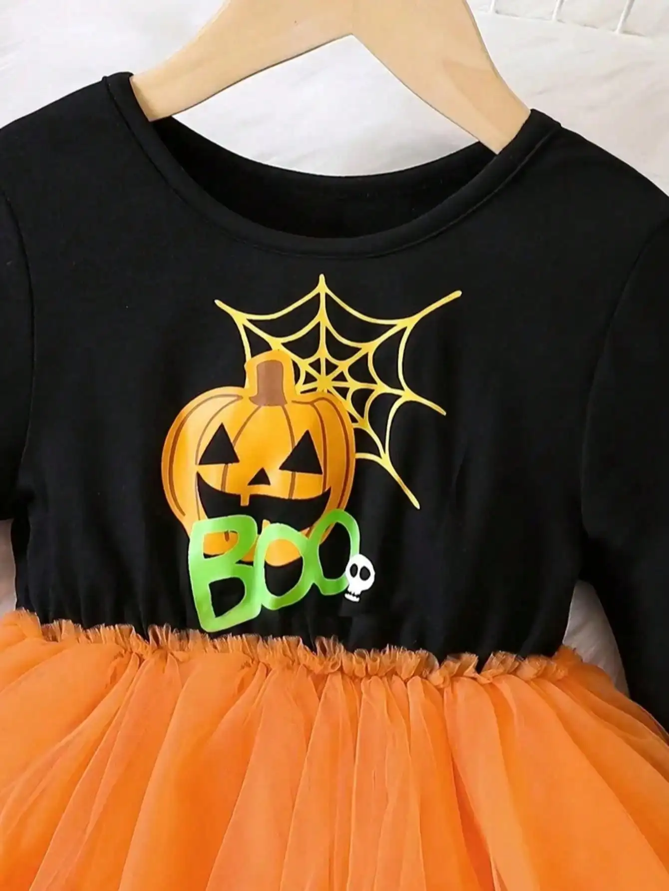 Halloween Kinder Langarm-Mesh-Kleid mit Kürbismuster, Lässiger Rundhalsausschnitt, Herbst-Winter-Kleidung für Kinder – Detail 5