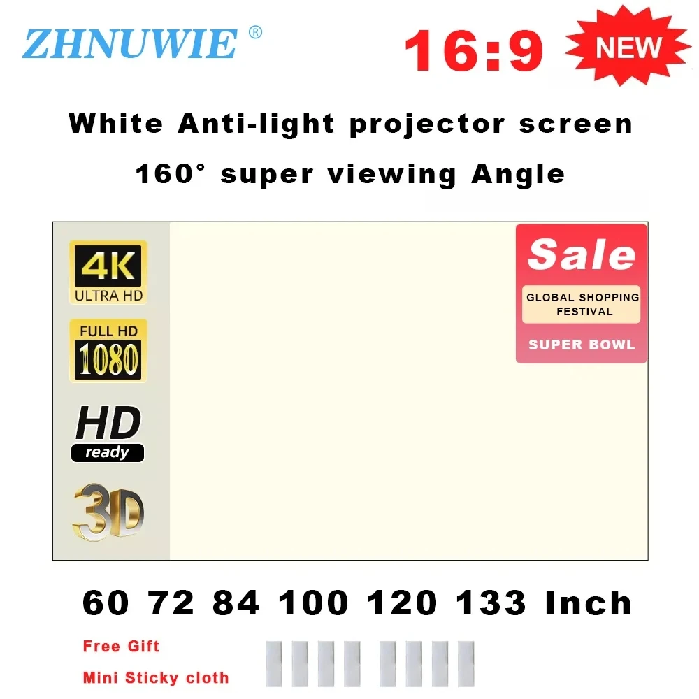 ZHNUWIE Projector Screen White Grid Anti-Light 16:9 Projection Screen 60 72 84 100 120 133 in Reflective Cloth for Home Theatre