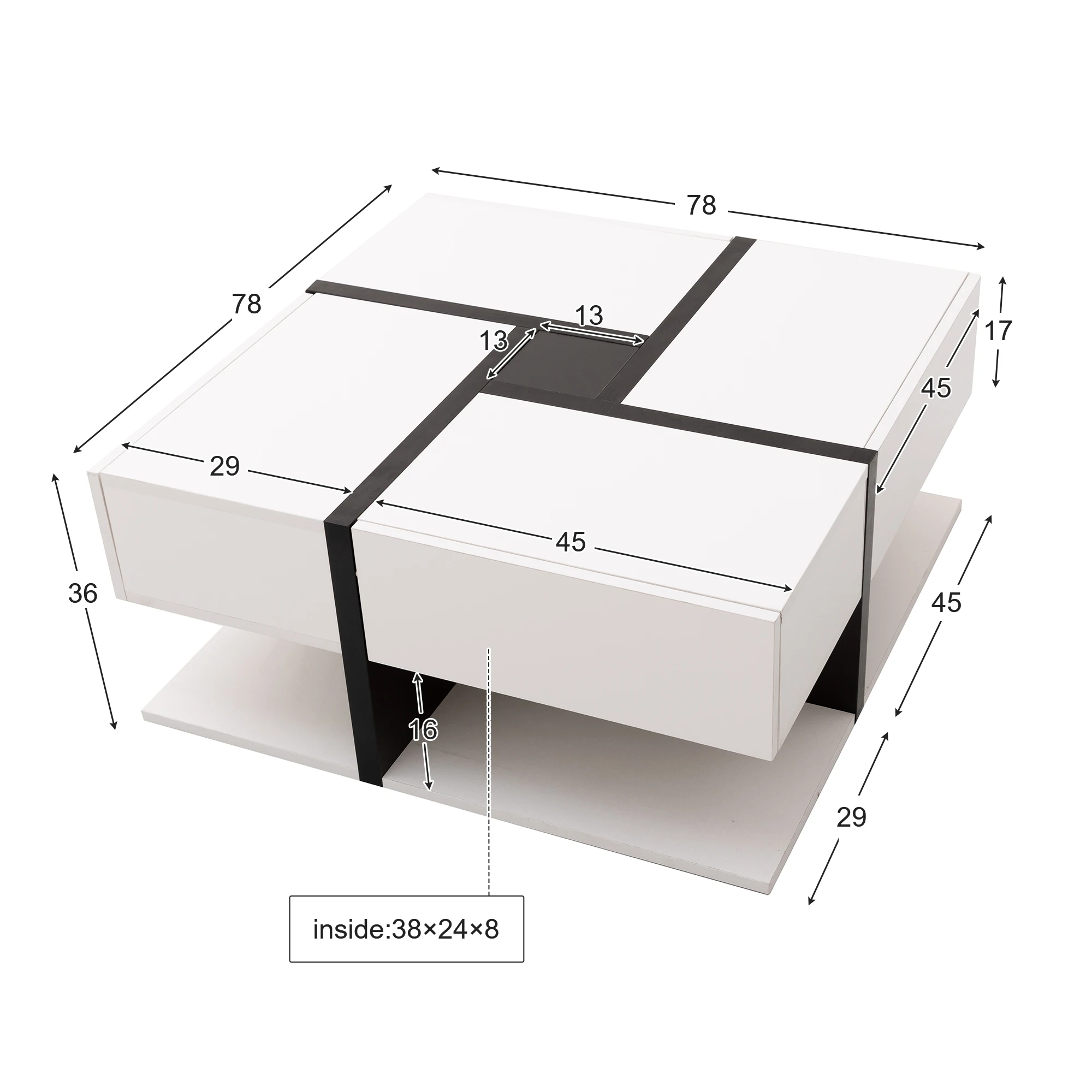 Table basse à 4 tiroirs, couleur unique, design linéaire, espace de rangement inférieur, 78x78x36cm