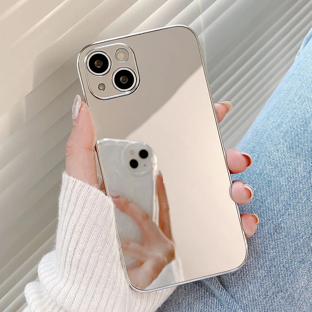 Серебристый ударопрочный чехол с зеркалом для макияжа для iPhone 15, 16 Pro, 11, 12, 13, 14 Pro Max, X, XR, XS, задняя крышка телефона, чехол-бампер для объектива камеры