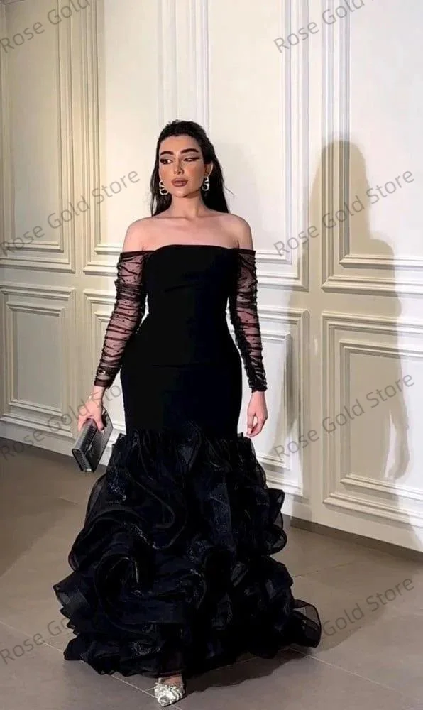 Vestidos de noite femininos de sereia preta, ombro de fora, manga completa de tule, vestidos de baile personalizados, babados, plissados, robes de soriee