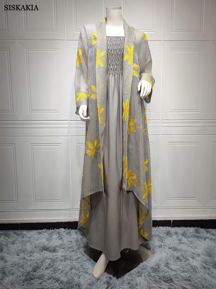 Imagem -03 - Abaya-vestido Kaftan e Camisola com Cintos Feminino Conjuntos Muçulmanos Bordado Chique e Elegante Cinza Sólido Cardigã Novo 2023