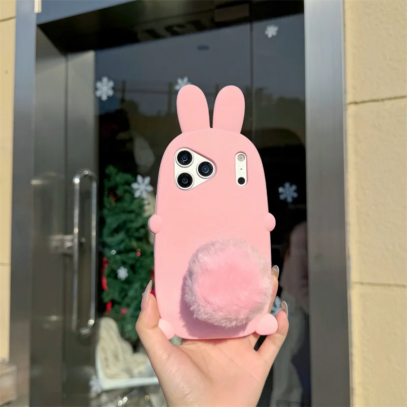 

Pink Cartoon rabbit 3D Case For iPhone 17promax Cute Plush hair ball tail Stand support device for iphone 16 14 12 13 15 Pro Max