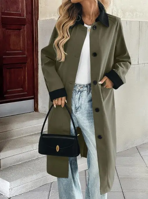 

Women Coat 2025 Latest Autumn New Color Blocking Loose Version Windbreaker Temperament Commuting Versatile Long Jacket for Women