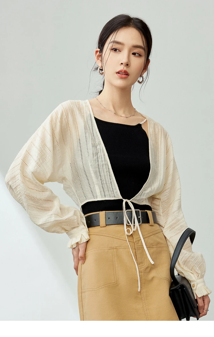 SENTUBILA Hollow Out V-neck Cropped Cardigan Coat 2024 Summer New Straight Long Sleeve Lace-up Top Female Clothing 142W53727