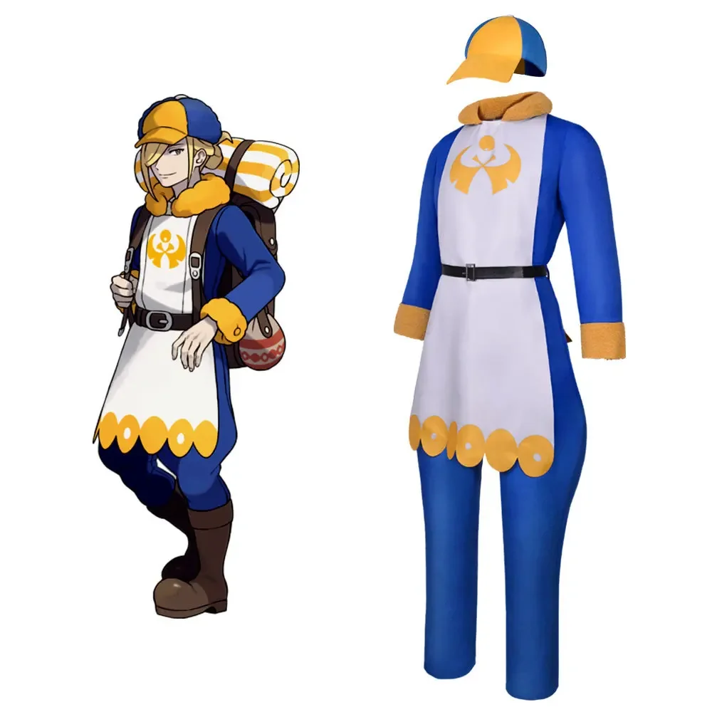 Disfraz de Anime Volo, conjunto completo con mono azul con cuello de piel, delantal con estampado blanco y gorra bicolor, ideal para Halloween.