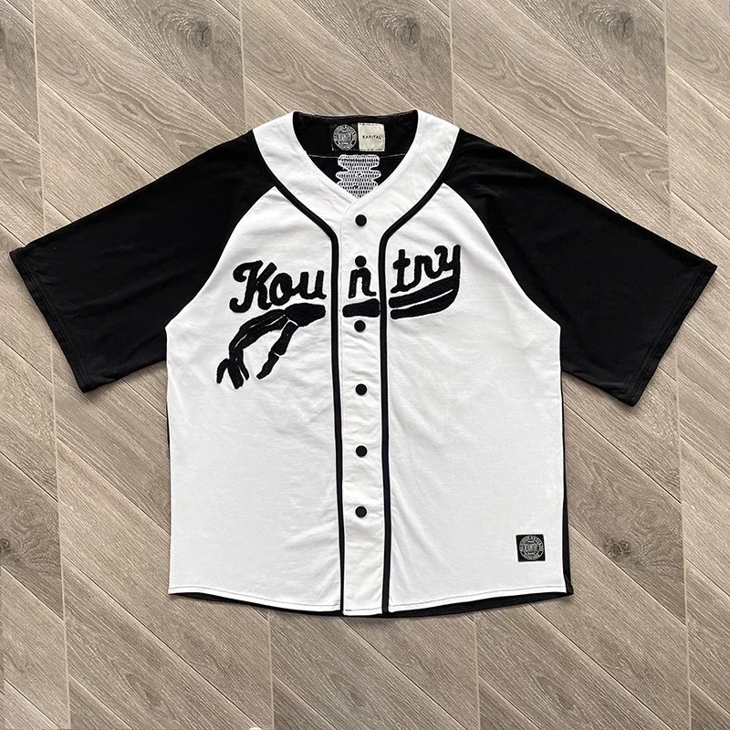 

Patchwork Kapital Kountry Baseball Short Sleeve Shirt Bone Embroidery Letter Loose Shirt Top Tees