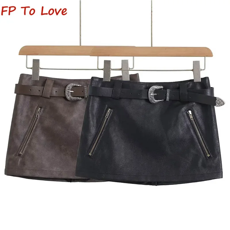 Vintage Rub Color PU Skirt Women's Autumn and Winter Spice Girls Low Waist Sexy Belt Decoration Package Hip Leather Skirt