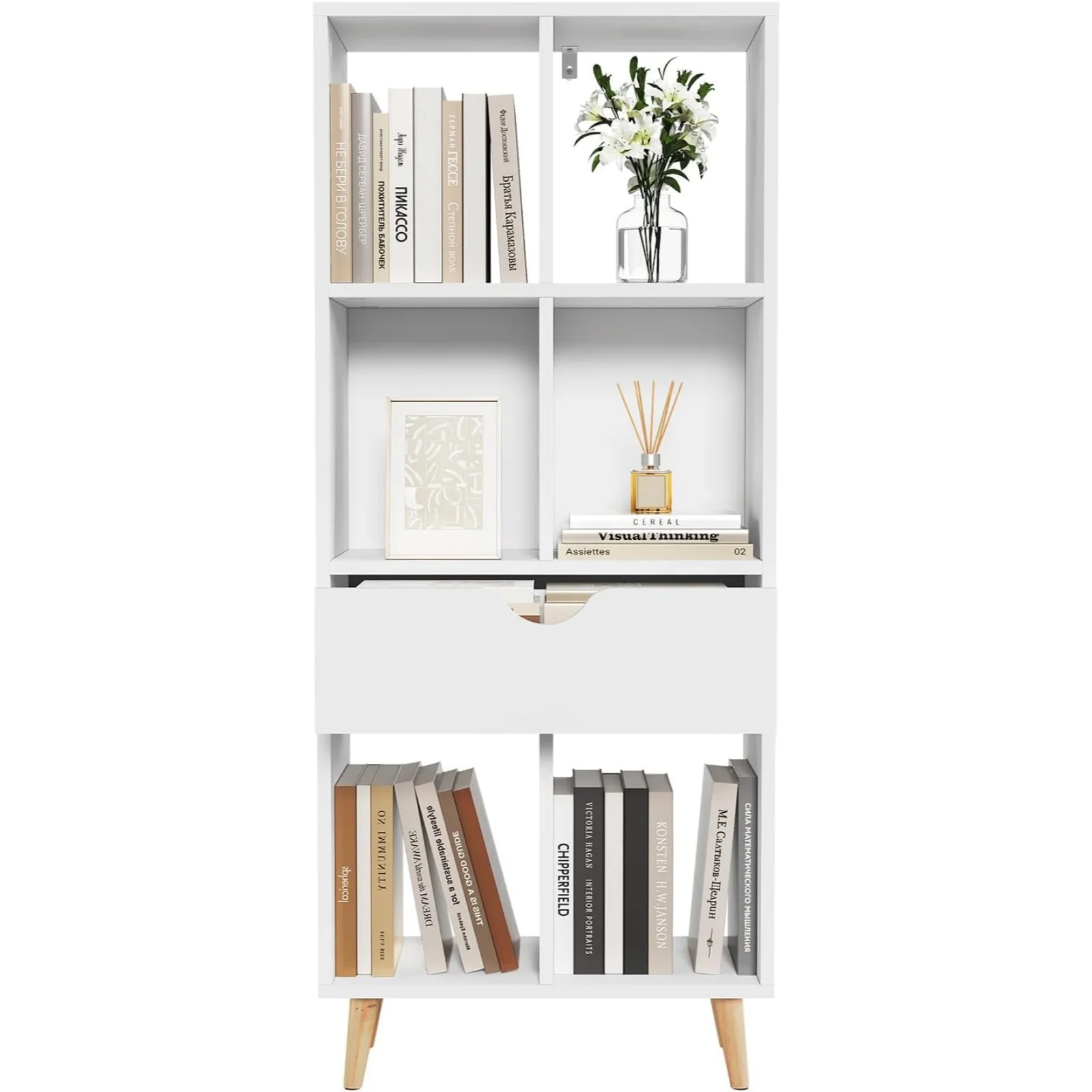 Libreria moderna bianca, scaffale espositivo, scaffale da terra con gambe in legno, 6 scomparti e 1 cassetto, dimensioni 50 x 121 x 24 cm.