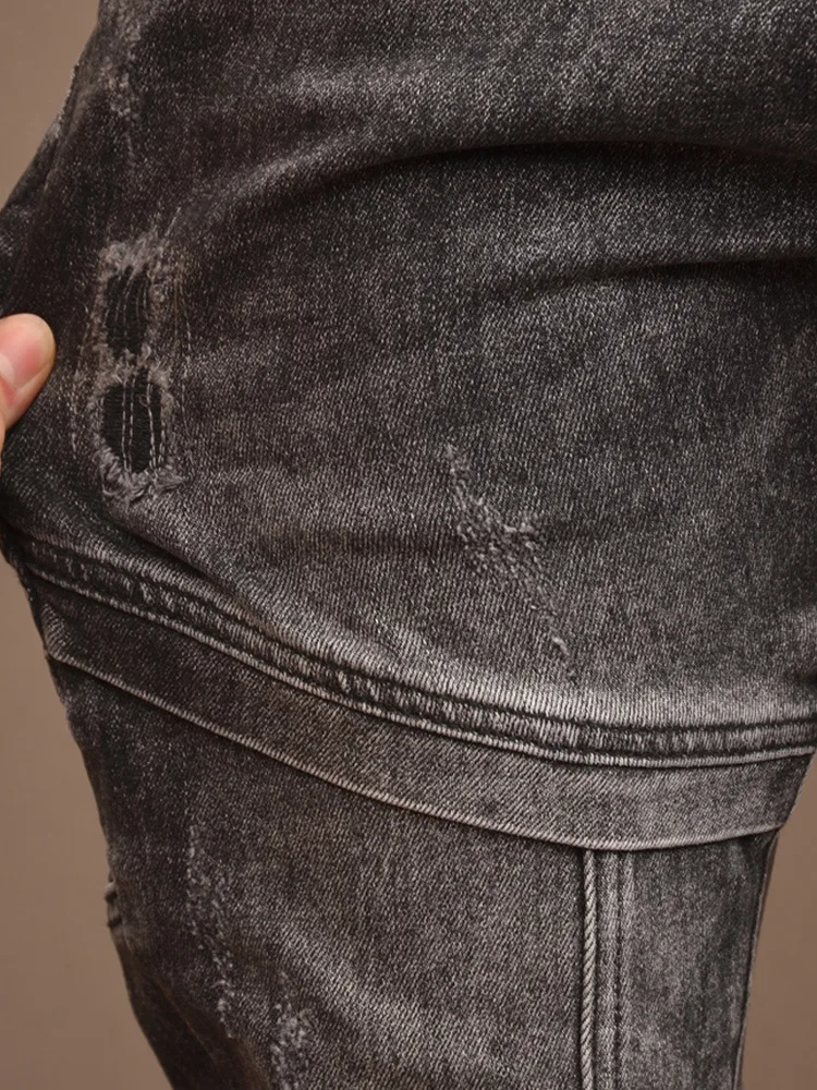 2024 New Spring Ripped Jeans Men's Stretch Skinny Fashion Retro Distressed Stitching Motorcycle Trousers