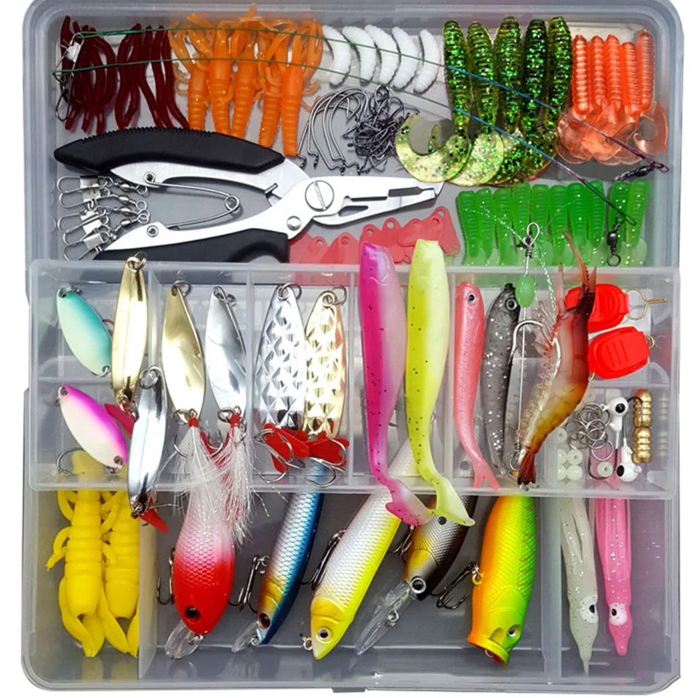 Fishing Lures Set Spoon Hooks Minnow Pilers Hard Lure Kit in Box Fishing Gear Accessories 75Pcs/94Pcs/122Pcs/142Pcs random color